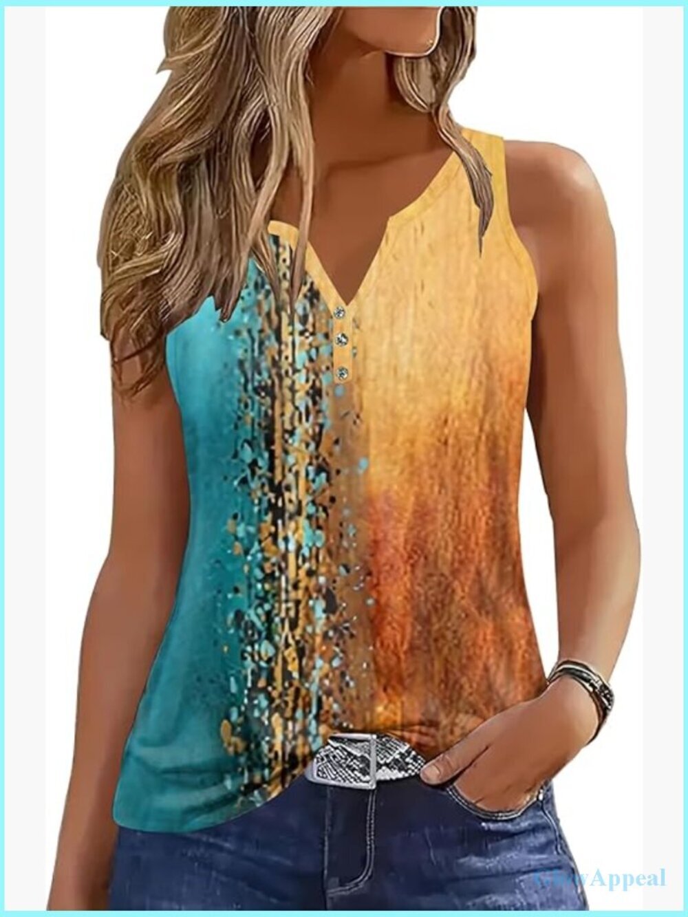 V-Neck Sleeveless Button Down Tank Top, Loose Fit Summer Casual Tee